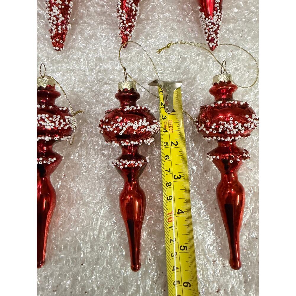 6 Red Glass Finial Christmas Ornaments Nordic Frost Beaded Tree Decor - Picture 6 of 8